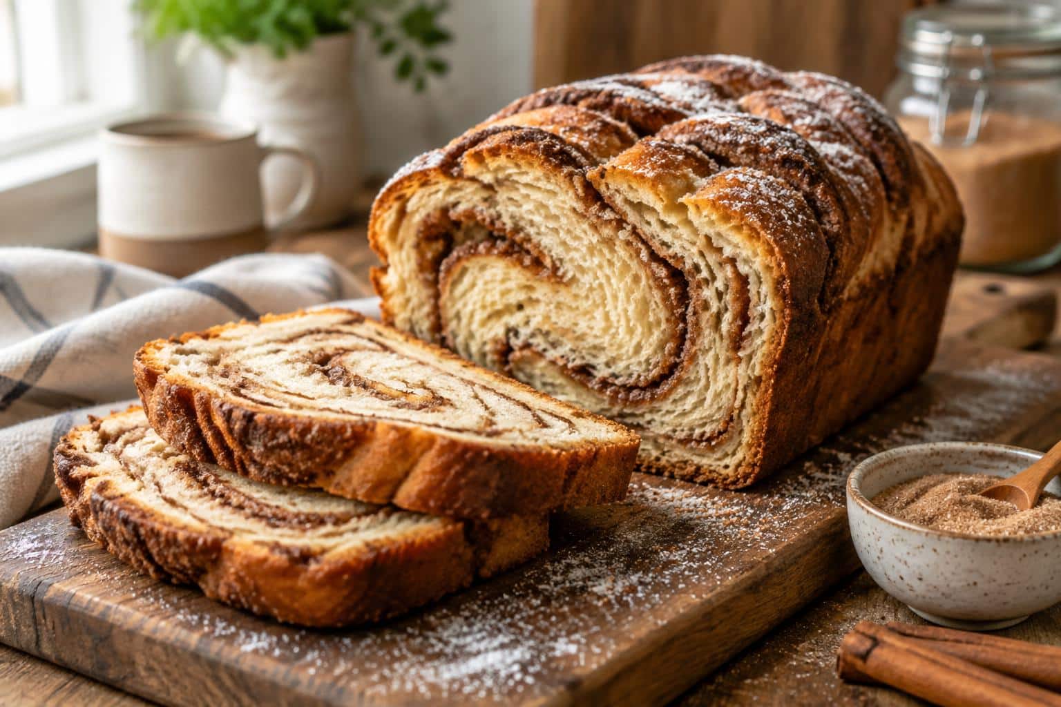 Freshly baked cinnamon bread recipe loaf sliced showing soft cinnamon swirls and golden crust