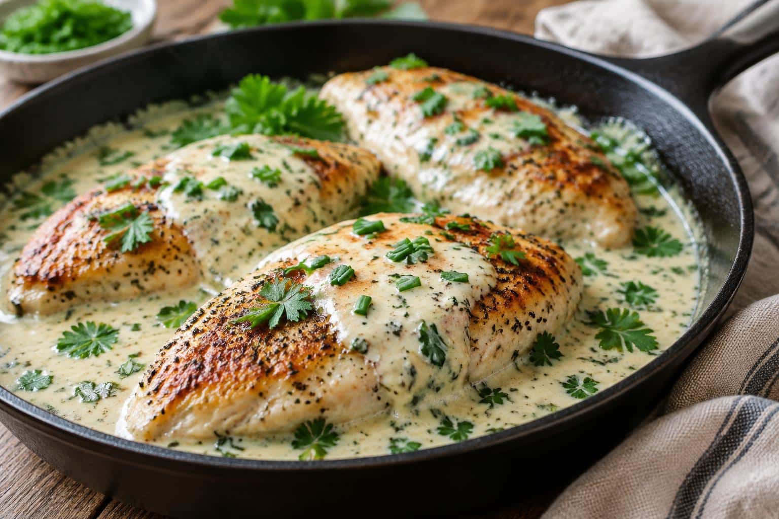 Creamy ranch chicken skillet with pan-seared chicken and rich ranch sauce garnished with herbs