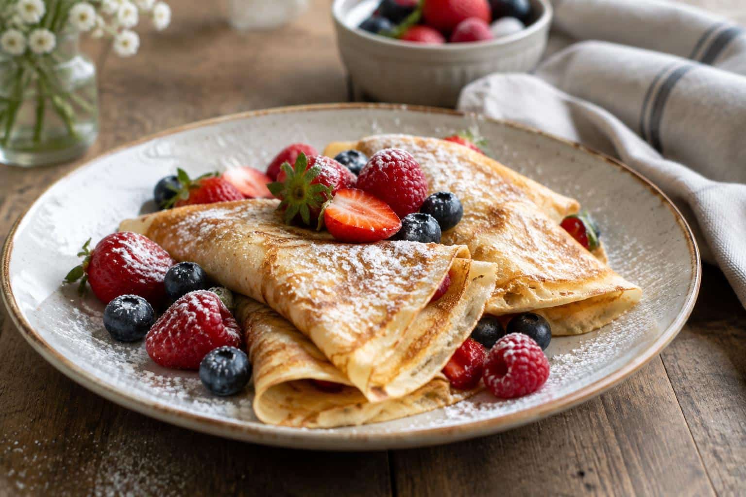 Plate of golden effortless crêpes garnished with fresh berries and powdered sugar
