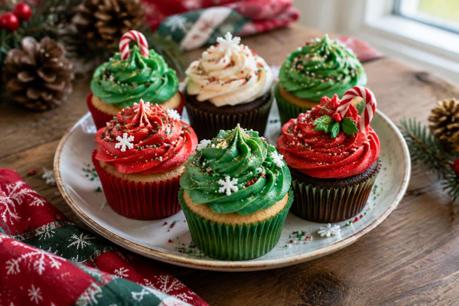 Festive Christmas cupcakes with creative decorations and colorful frosting, perfect holiday cupcakes