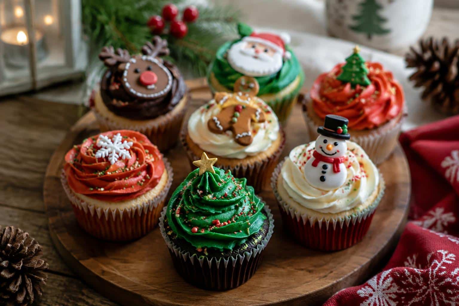 Assorted festive Christmas cupcakes with colorful frosting and cute holiday decorations on rustic wooden surface