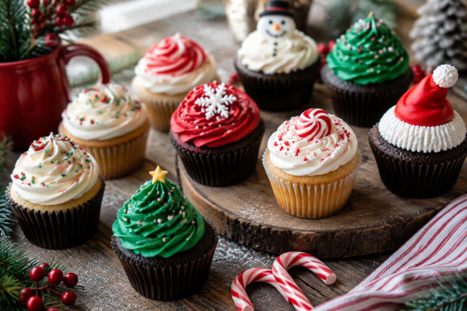 Festive Christmas cupcakes with cute and creative decorations on rustic wooden surface