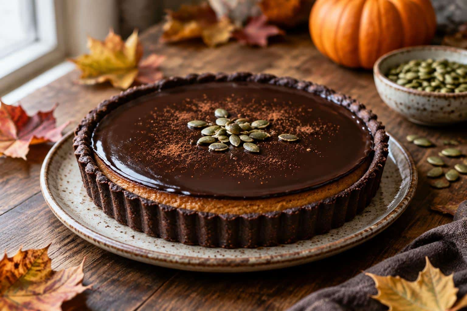 Effortless dark chocolate pumpkin tart with glossy ganache and spiced pumpkin filling on rustic plate