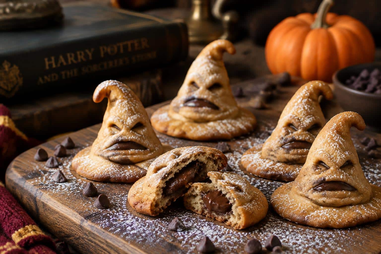 Effortless sorting hat cookies with surprise center on wooden board with powdered sugar garnish