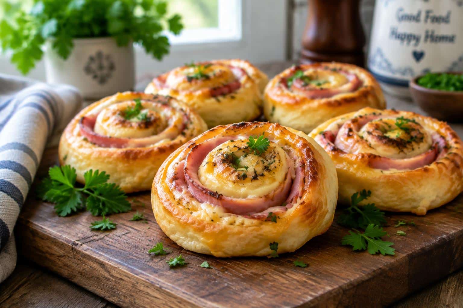 Golden baked hot ham and cheese pinwheels garnished with parsley on wooden board