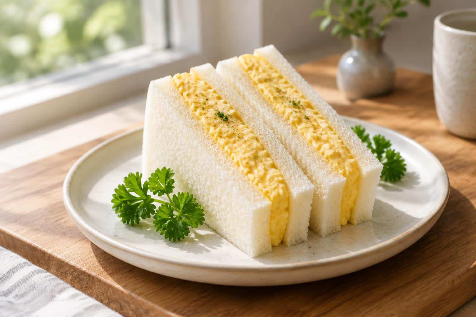 Japanese egg sandwich with fluffy egg filling and soft white bread, ready to eat