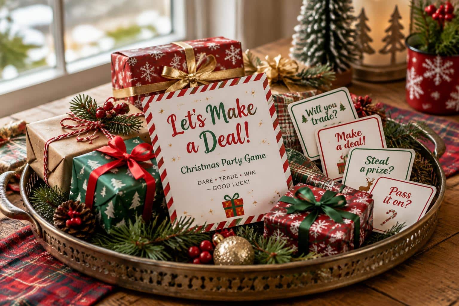 Christmas party game setup with wrapped prizes and Let's Make a Deal cards, perfect christmas party game