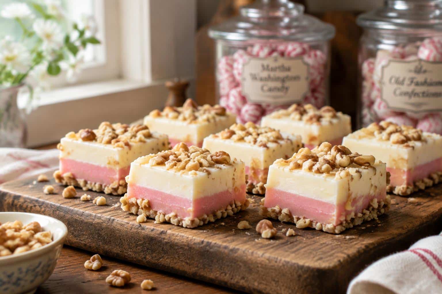 Close-up of Martha Washington candy squares with pink and white layers and crushed walnut garnish