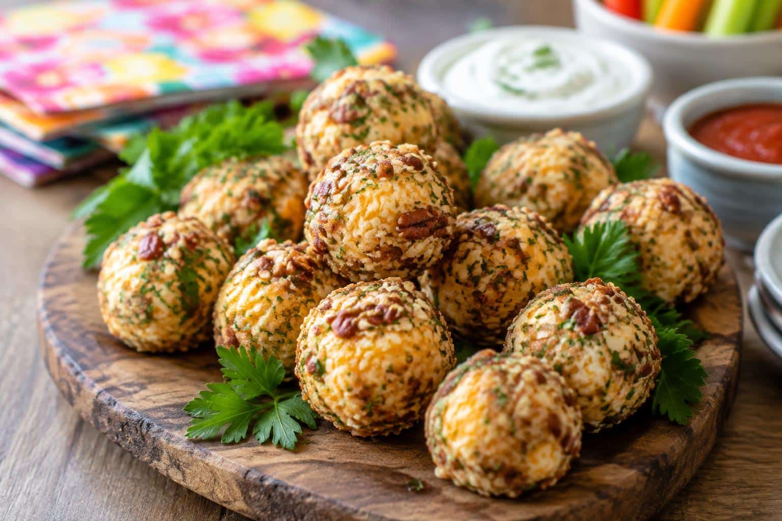 Mini cheese ball bites on rustic wooden platter with herbs and nuts coating