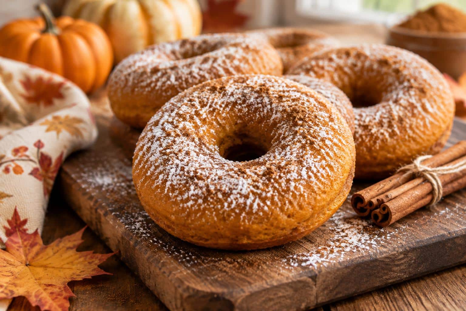 Freshly baked pumpkin spice donuts with powdered sugar and cinnamon garnish, showcasing pumpkin spice donuts