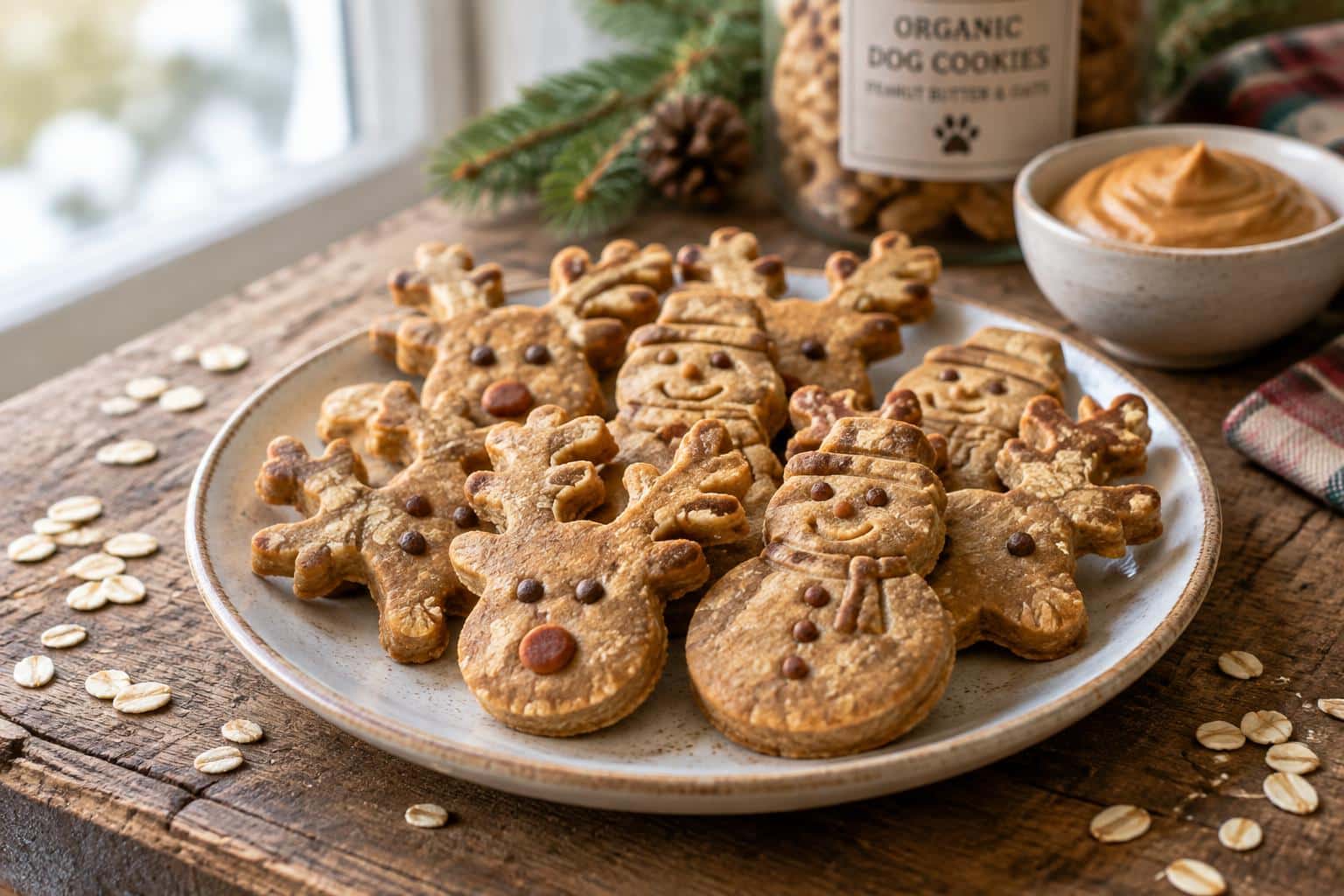 Organic dog cookies shaped like raindeer and snowmen on a rustic wooden surface in natural soft light