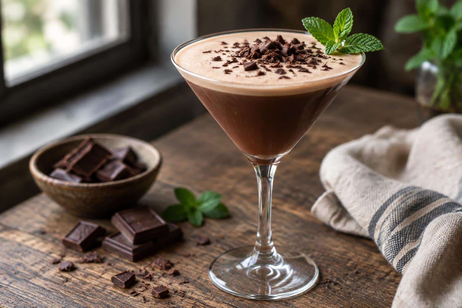 Rich and creamy chocolate cocktails garnished with chocolate shavings and mint