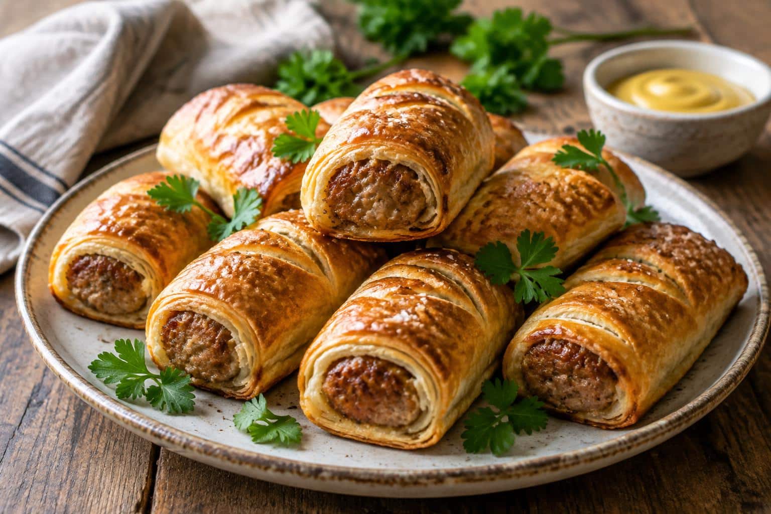 Golden sausage rolls with flaky pastry and fresh parsley garnish, showcasing effortless sausage rolls