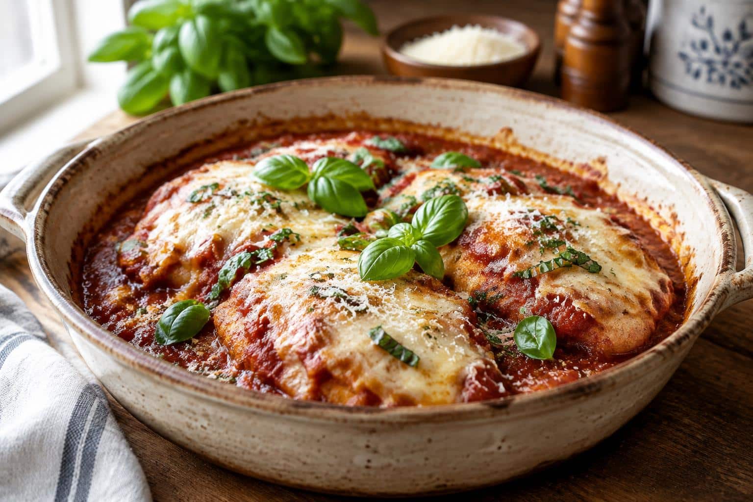 slow cooker chicken parmesan with melted cheese and tomato sauce garnished with fresh basil