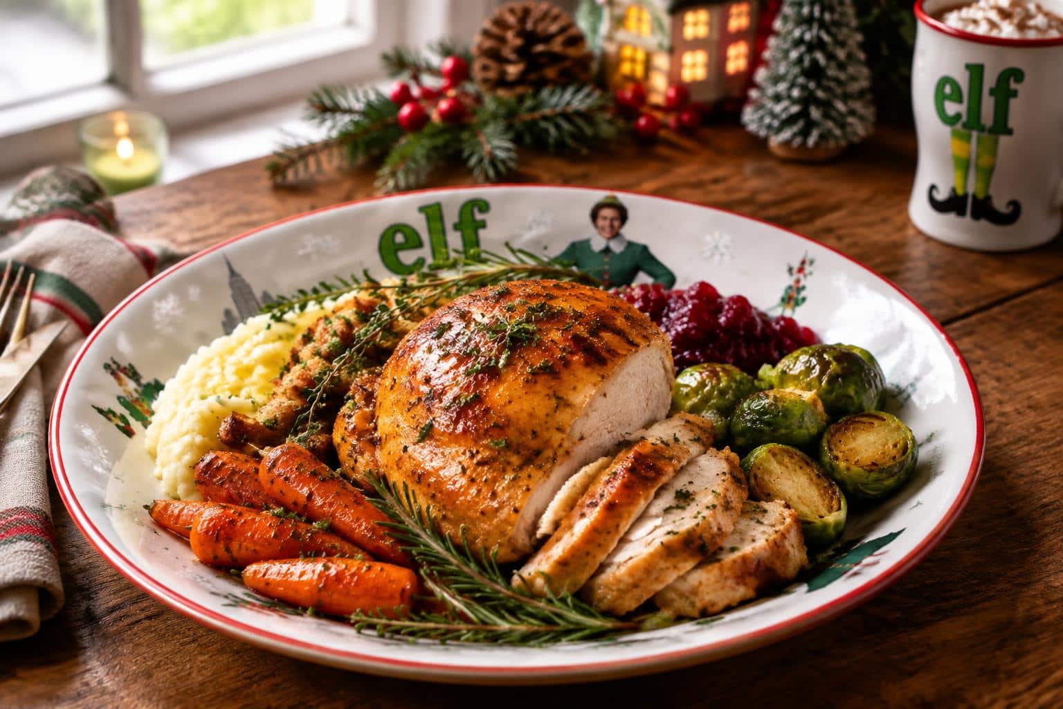 Elf movie dinner plated with baked holiday roast and festive sides garnished with herbs