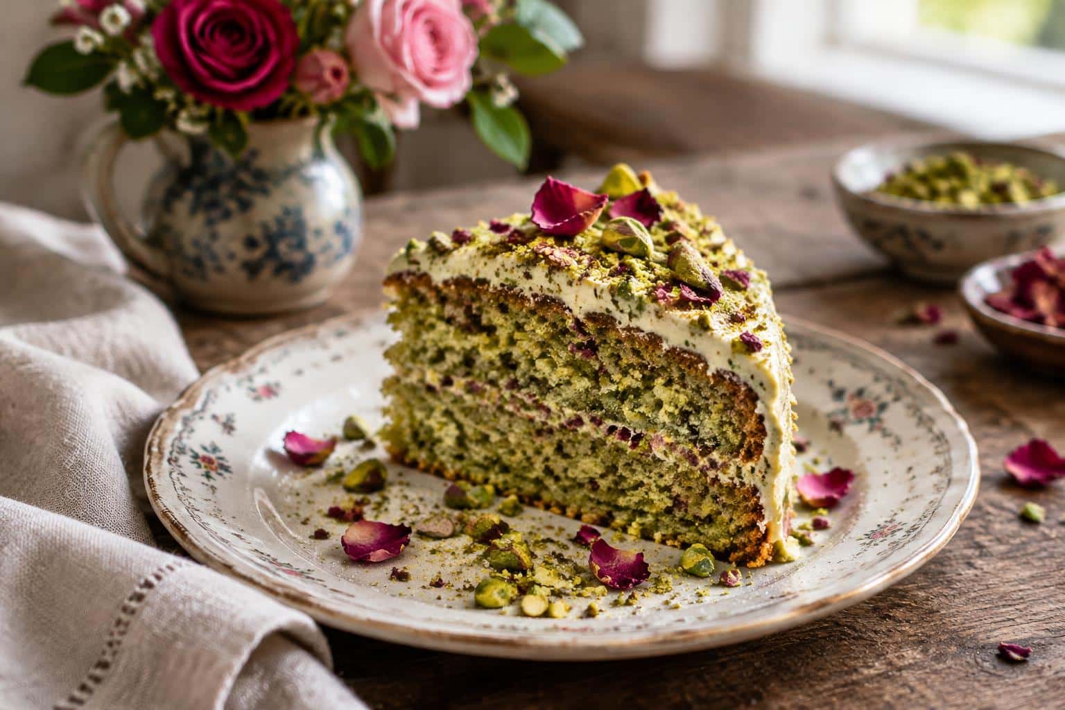 Slice of pistachio rose cake with cardamom garnished with crushed pistachios and rose petals