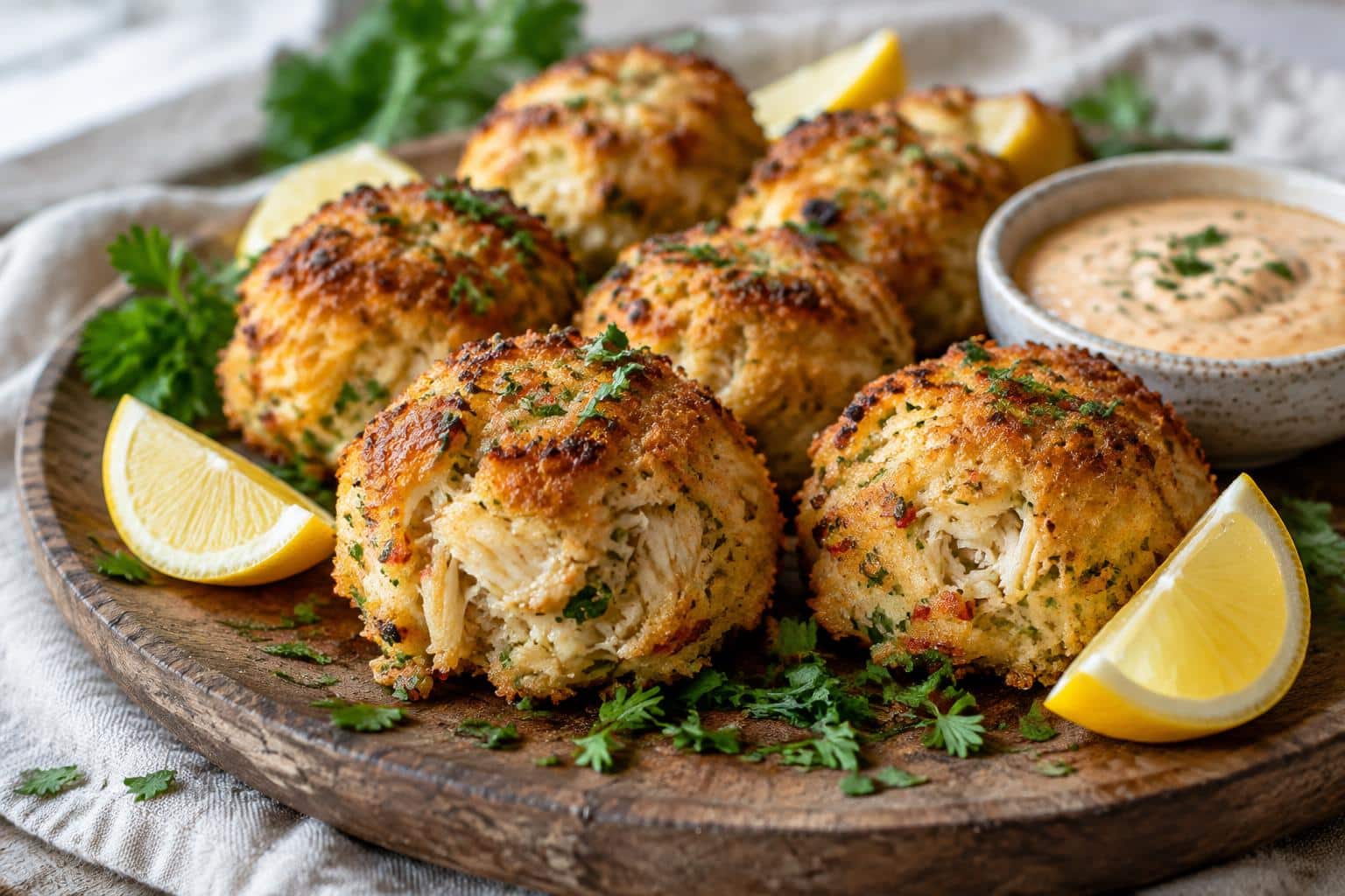 Golden baked crab bombs appetizer with lemon wedges and parsley, crab bombs recipe
