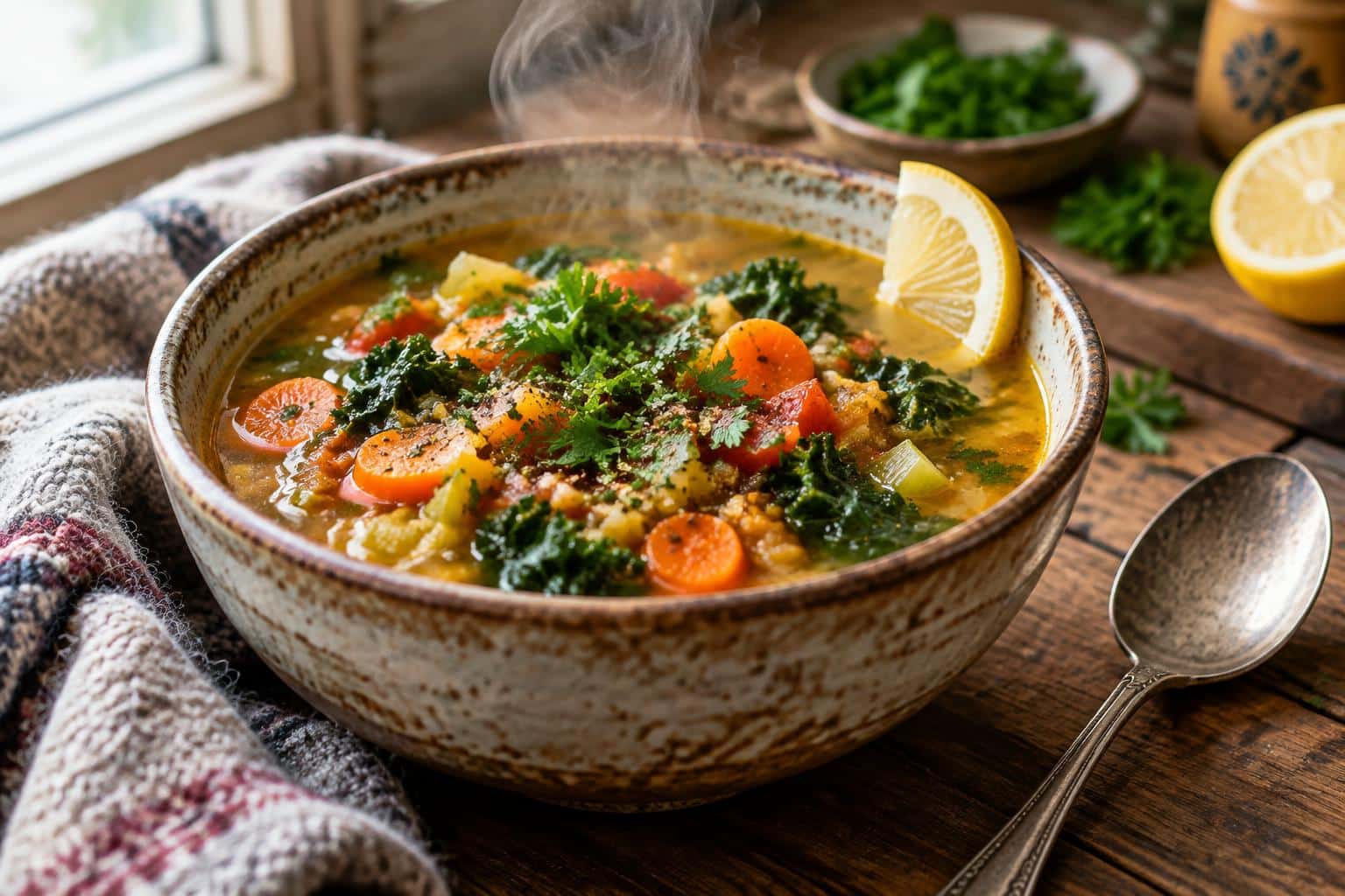 Steaming bowl of fat-burning soup garnished with parsley and lemon wedge, perfect for winter detox