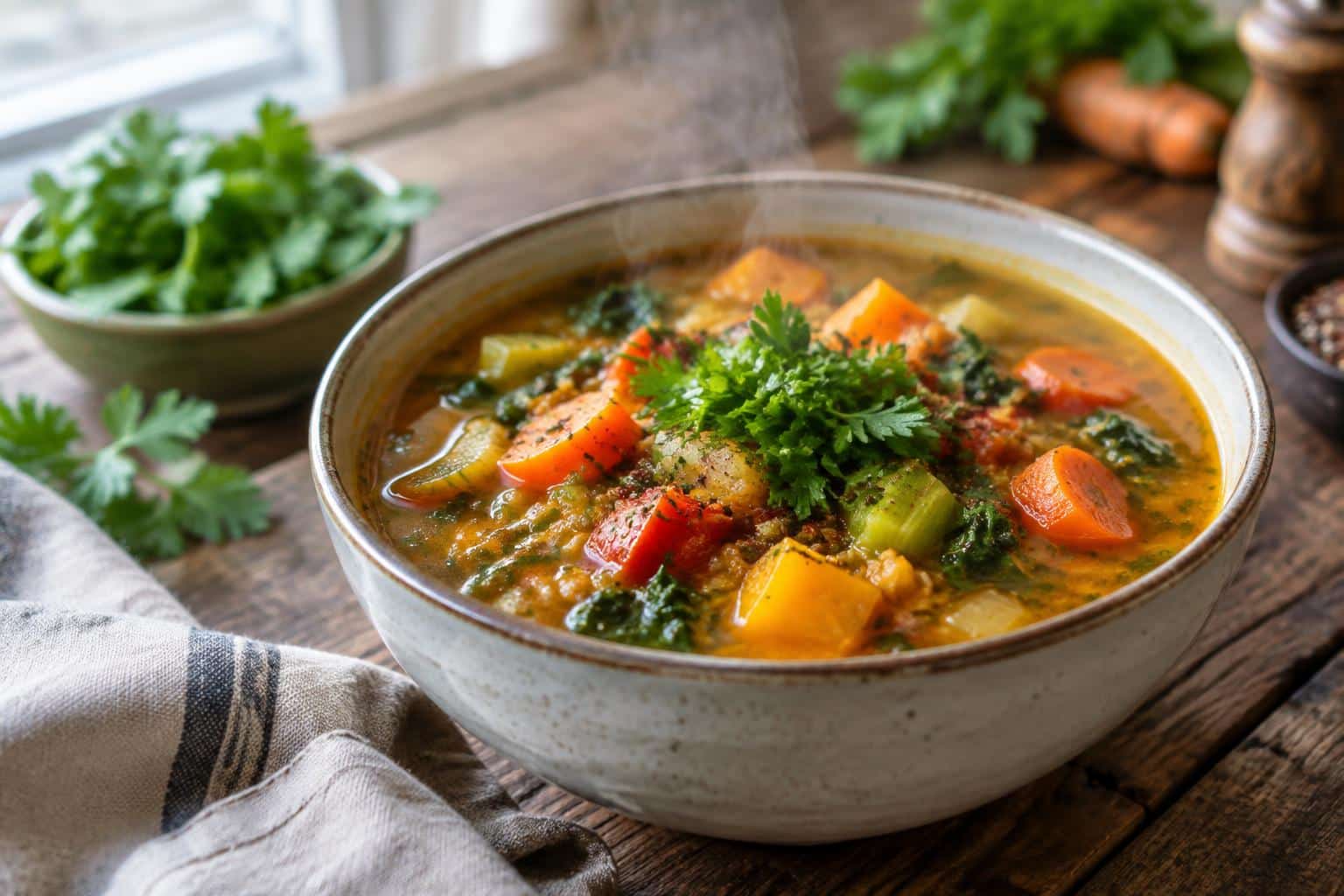 A bowl of fat-burning winter soup with vegetables and fresh herbs, low-calorie detox weight loss soup