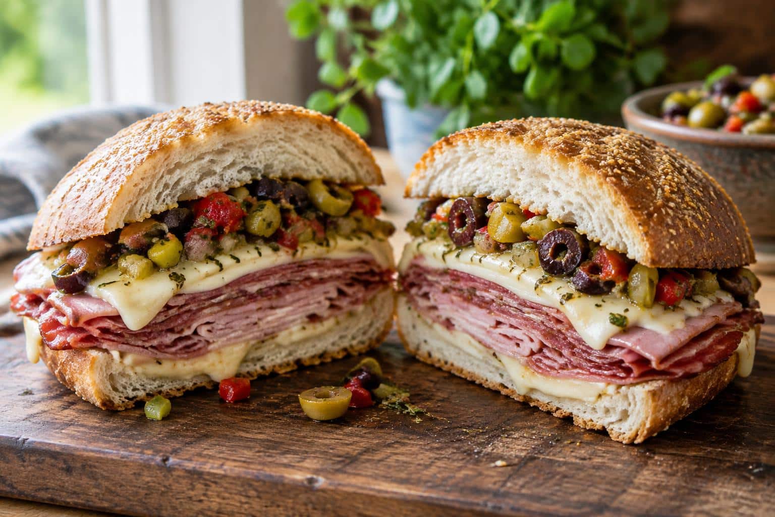 New Orleans muffuletta sandwich with Italian meats, cheese, and olive salad on rustic bread