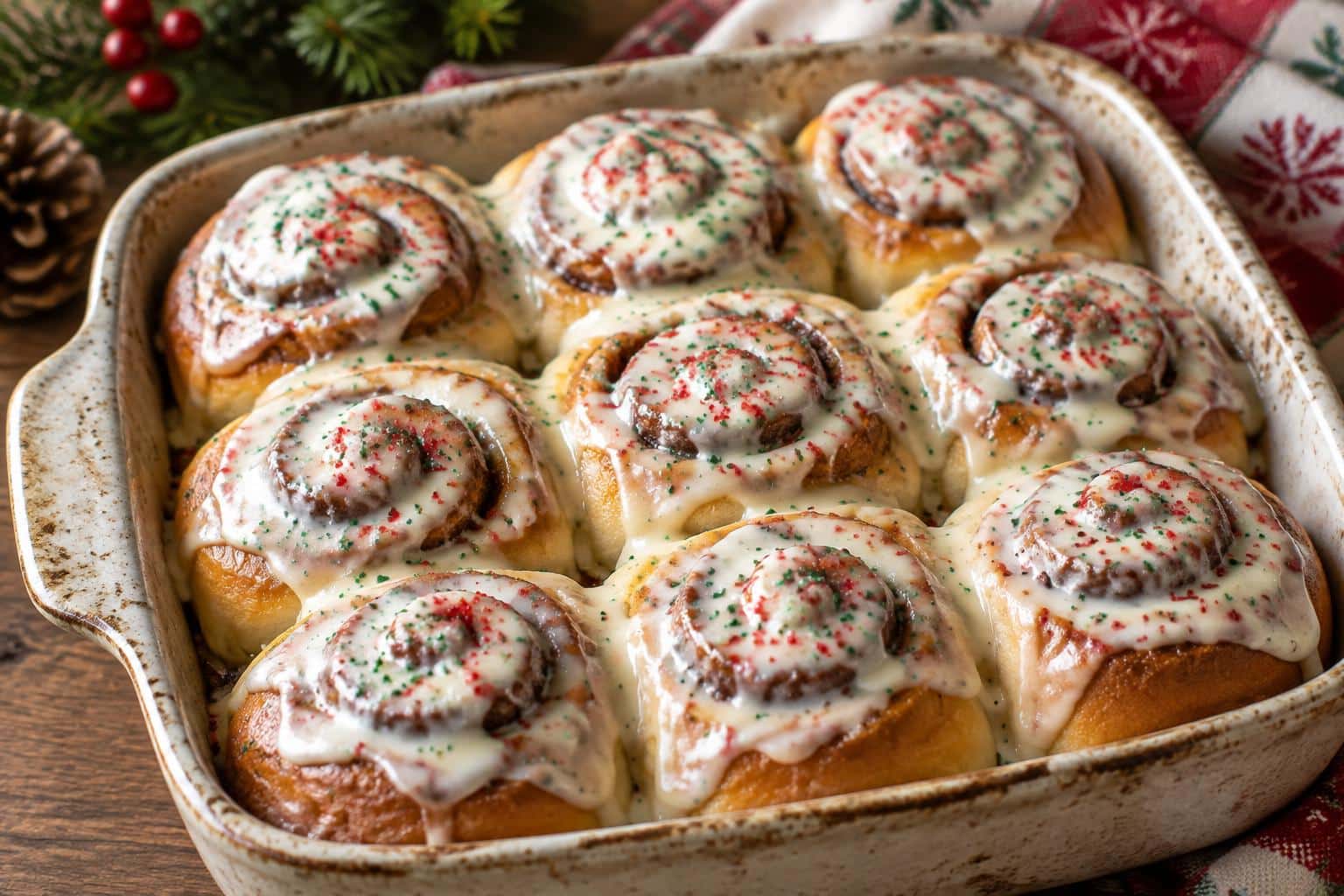Nine festive Christmas cinnamon rolls glazed and sprinkled with holiday sugar crystals