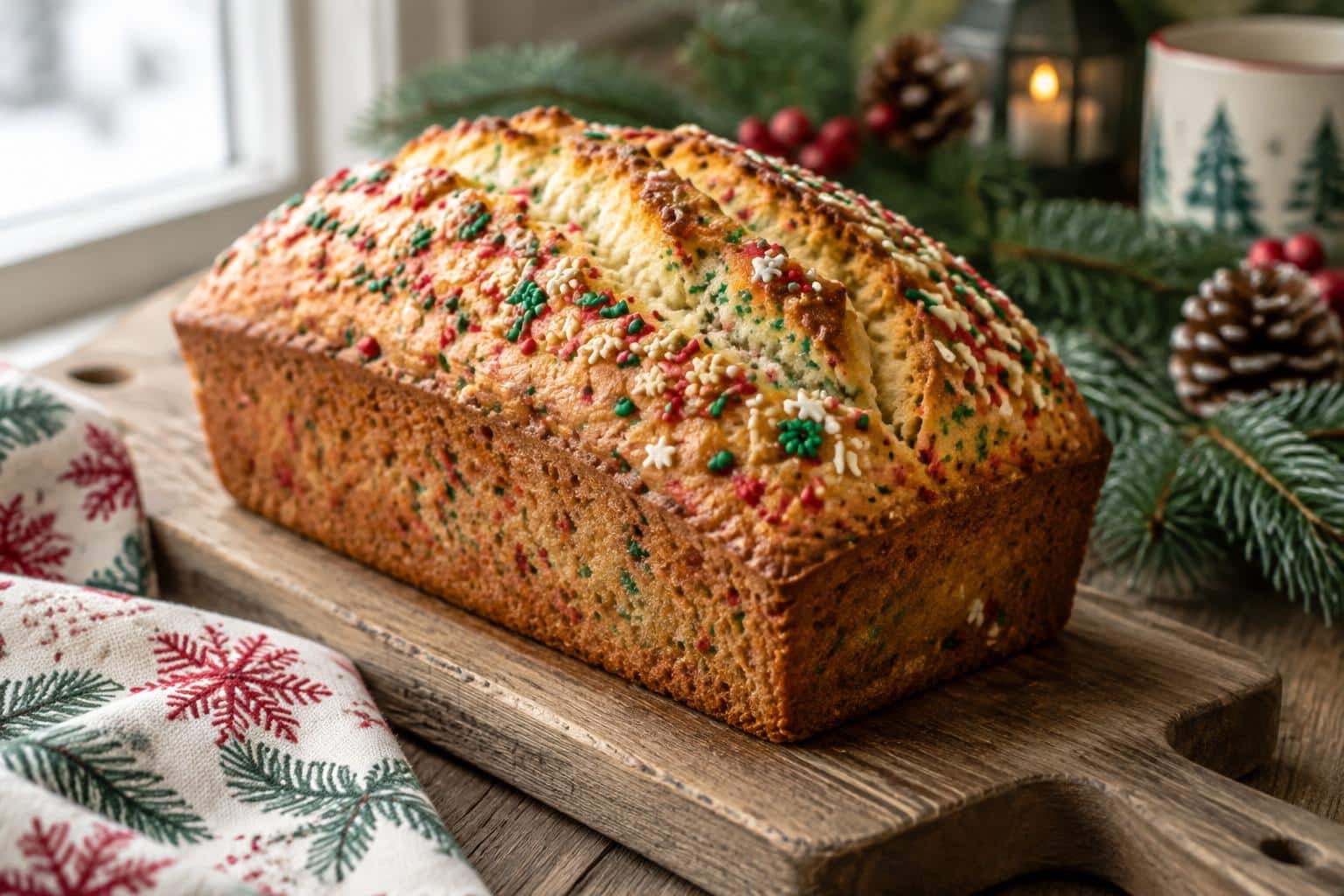 Festive Christmas sprinkle bread loaf with golden crust and colorful sprinkles on wooden board