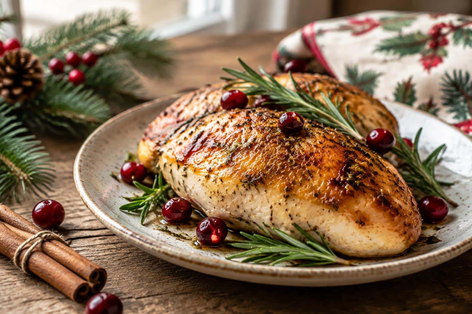 Festive copycat Morton’s chicken breast plated with rosemary and cranberries
