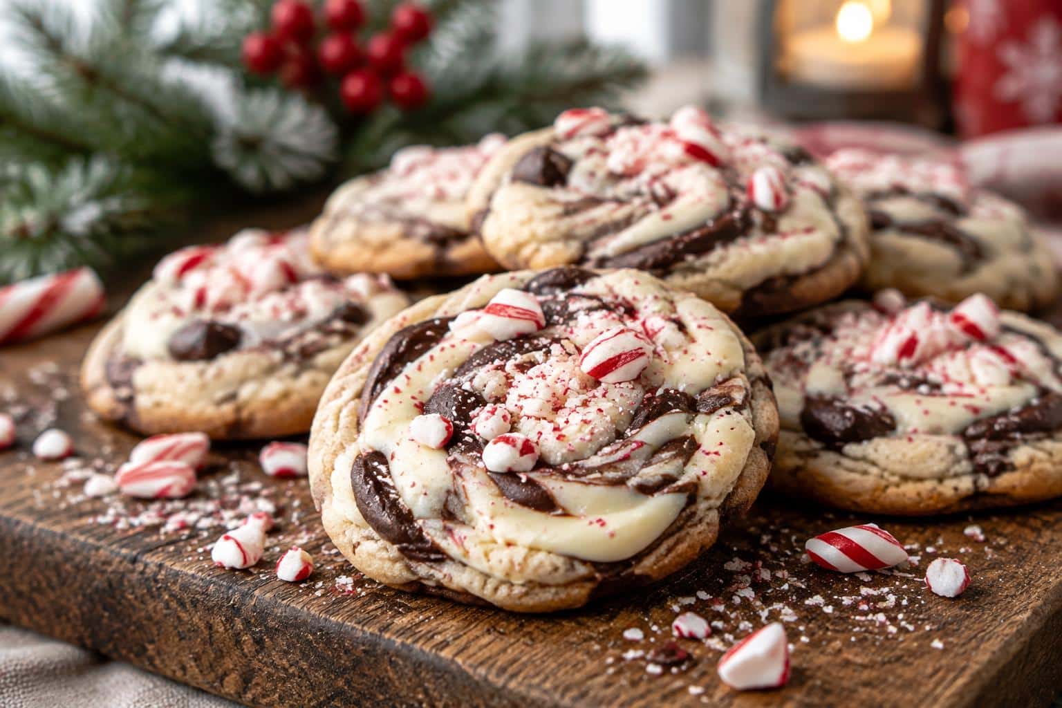 Freshly baked peppermint bark cookies with crushed candy canes in natural light