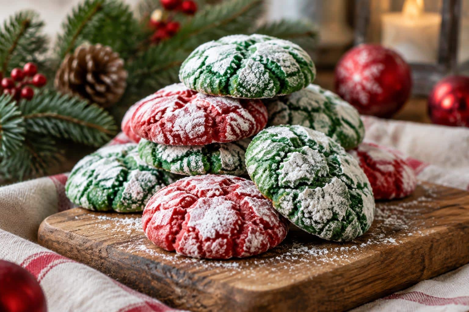 Festive red and green crinkle cake mix cookies stacked on wooden board with powdered sugar