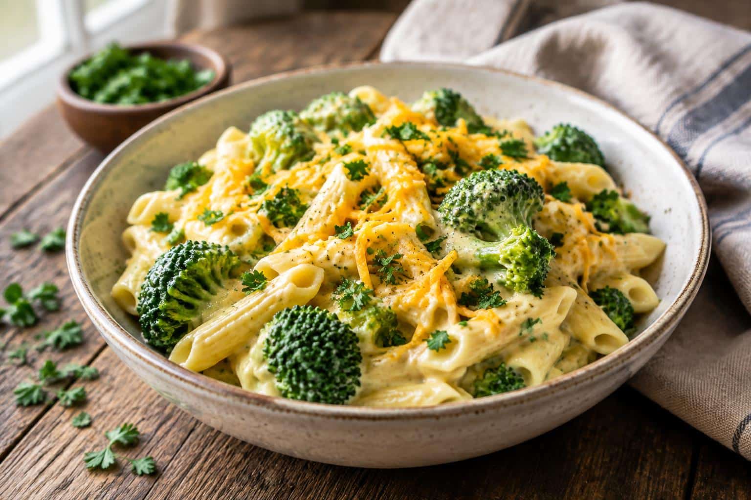 Creamy broccoli cheese pasta with fresh parsley garnish on rustic wooden table, broccoli cheese pasta dish