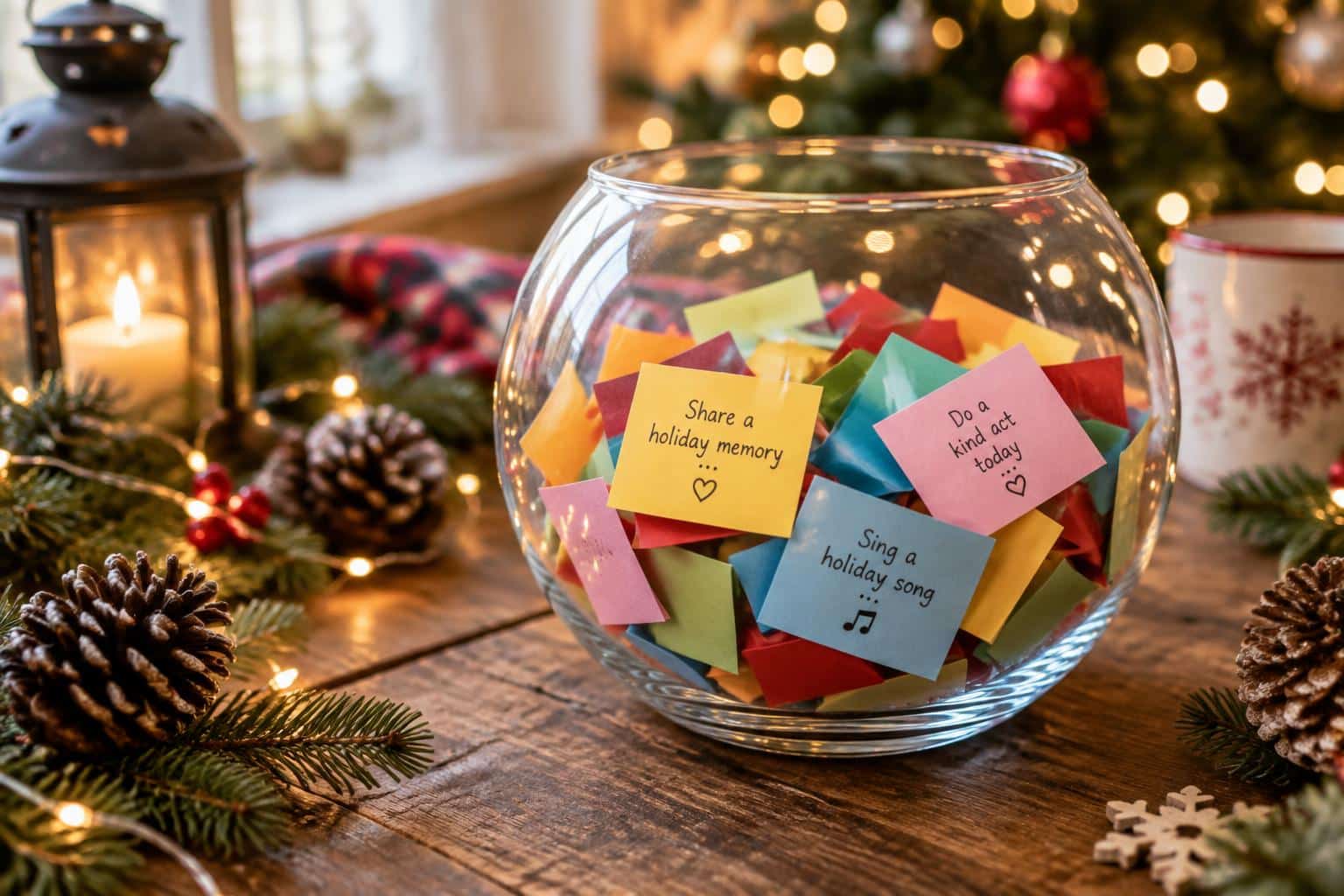 Fish bowl game filled with colorful slips of paper for a hilarious Christmas party game