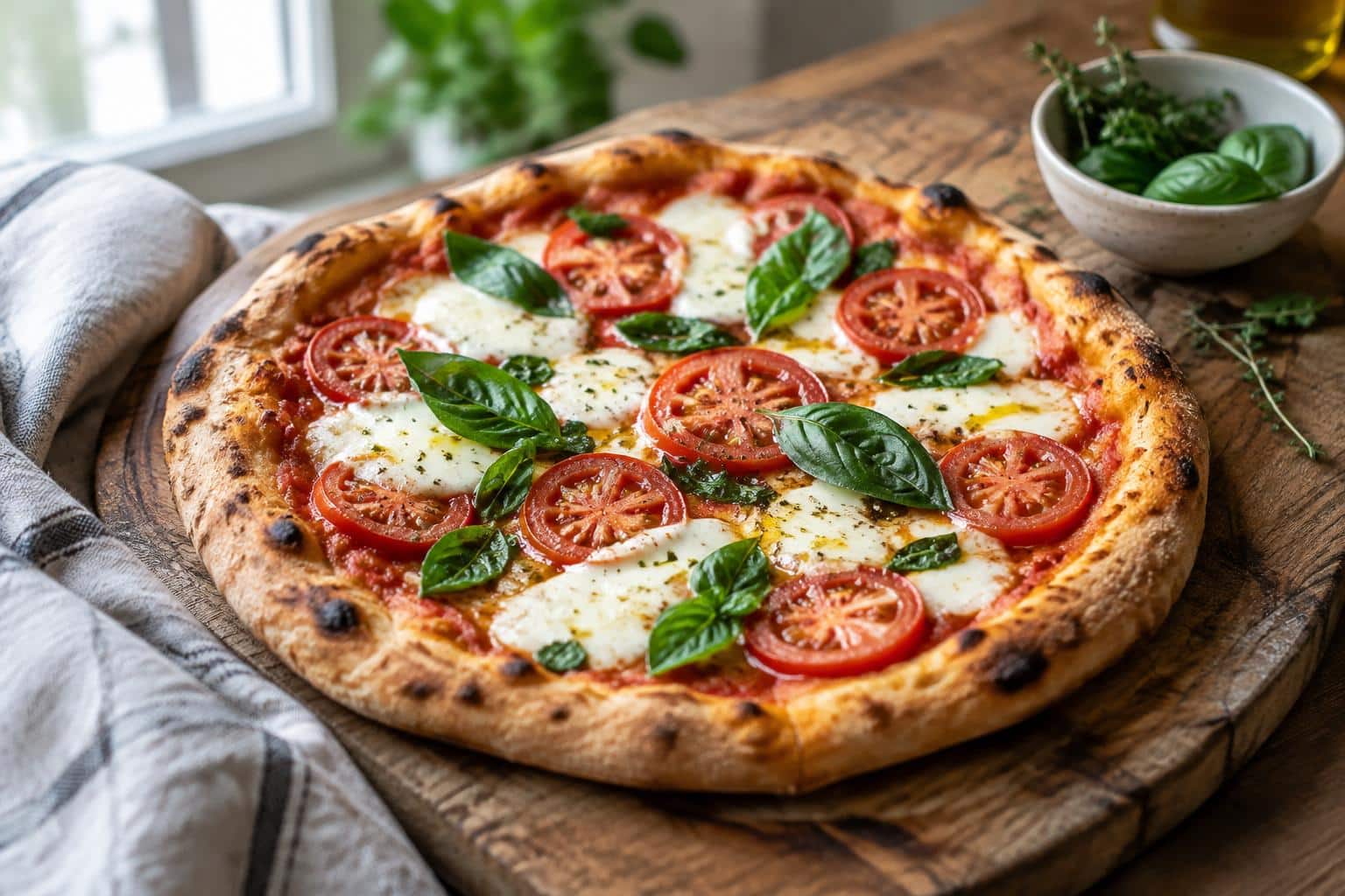 Delicious homemade pizza recipe with fresh mozzarella, basil, and tomato slices on a wooden board