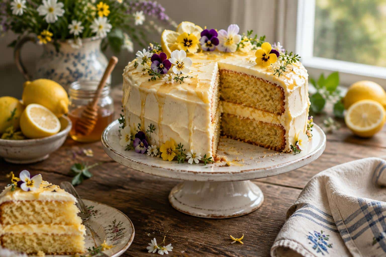 Moist floral honey cake with lemon zest and edible flowers as garnish