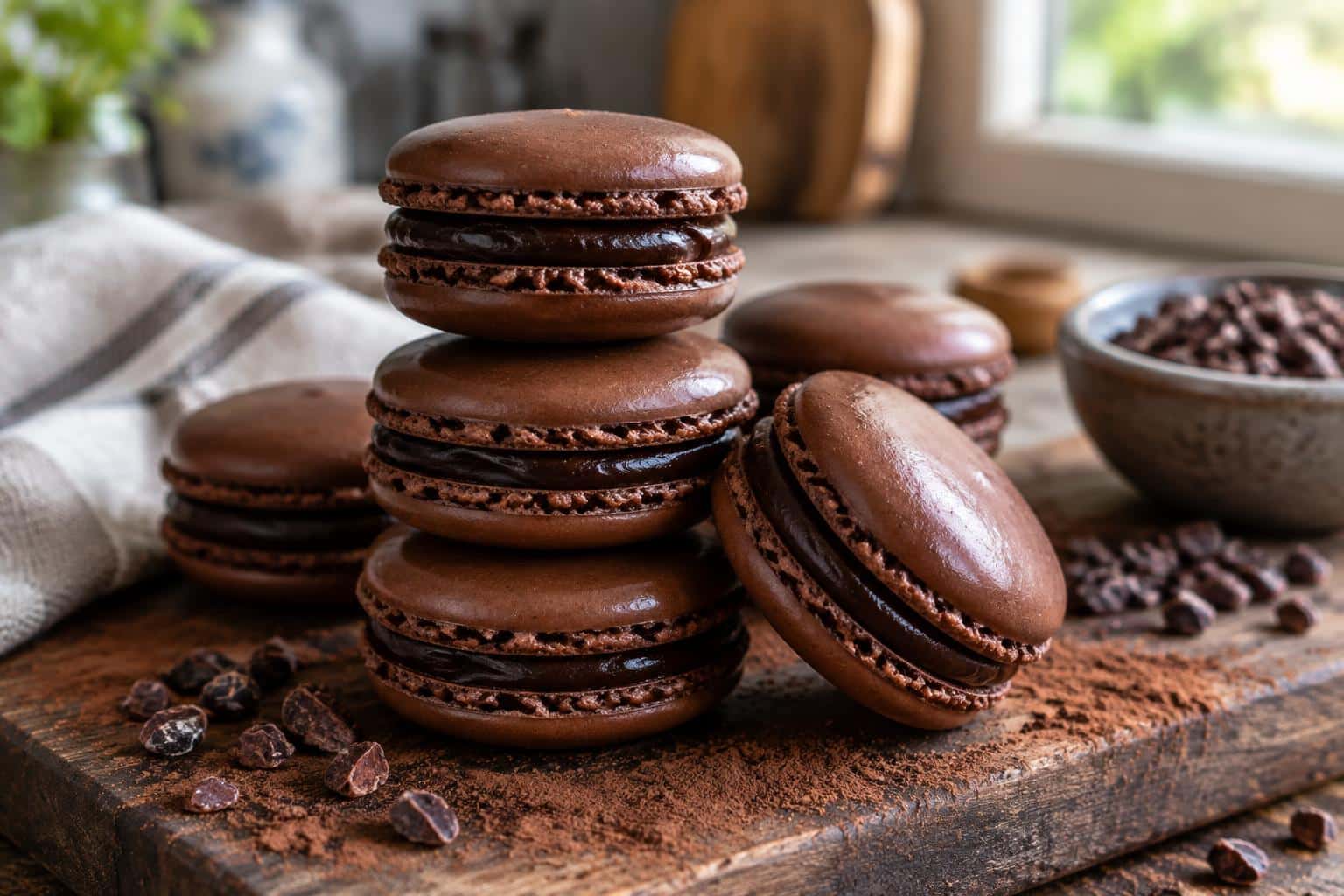 Freshly baked French chocolate macarons with rich ganache filling on rustic wooden board