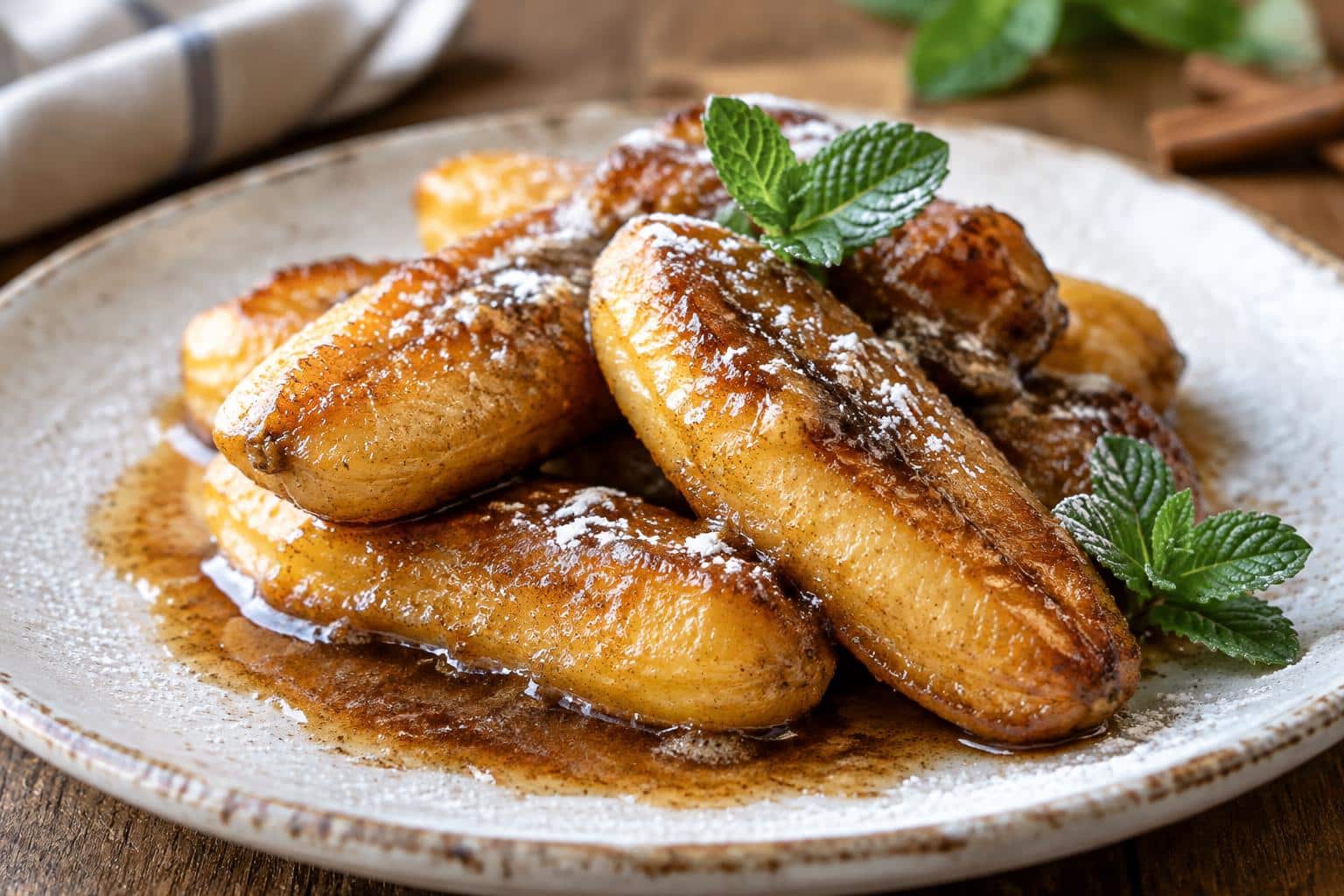 Golden fried bananas served with cinnamon butter sauce garnished with mint and powdered sugar