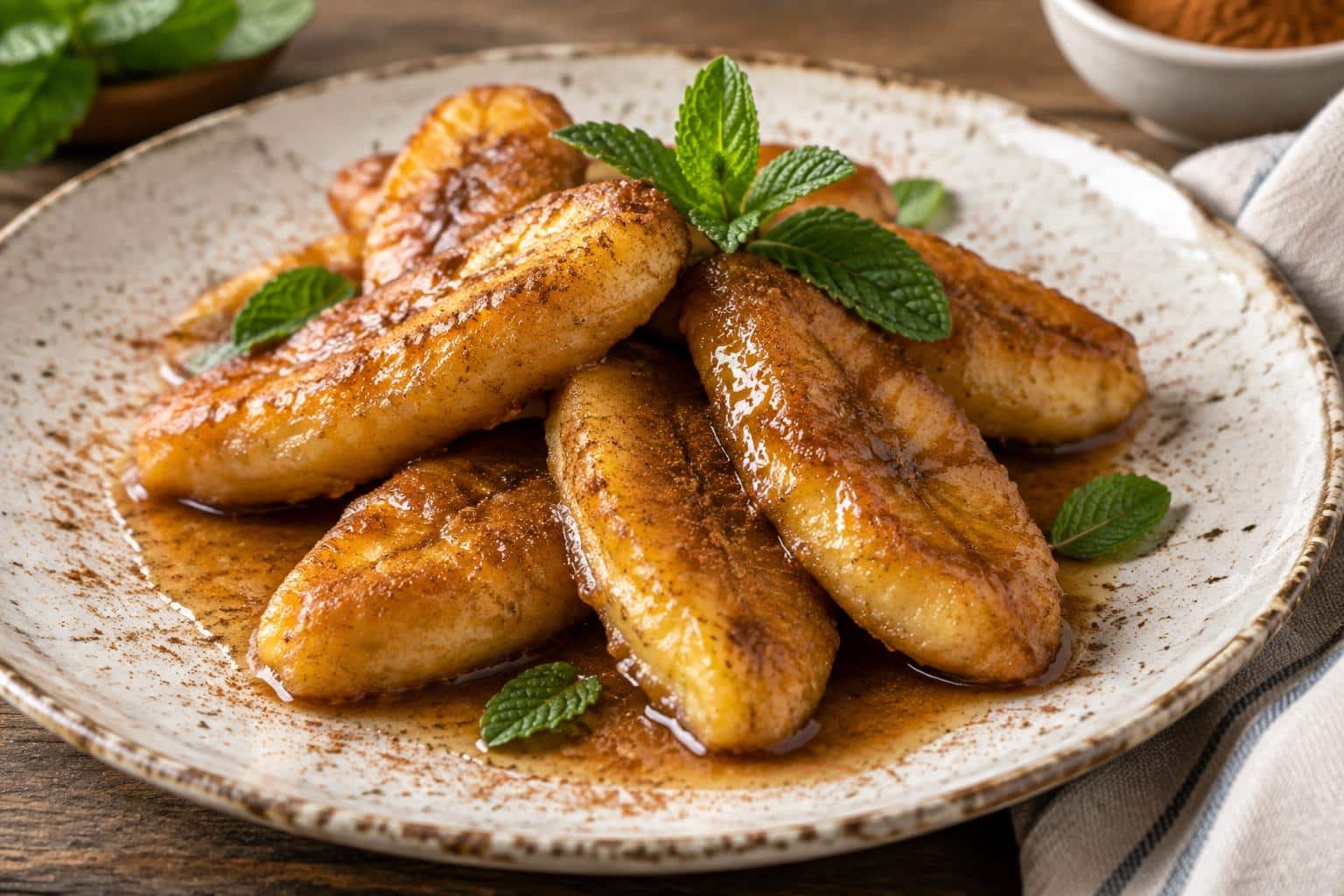 Golden fried bananas with cinnamon butter sauce garnished with mint leaves
