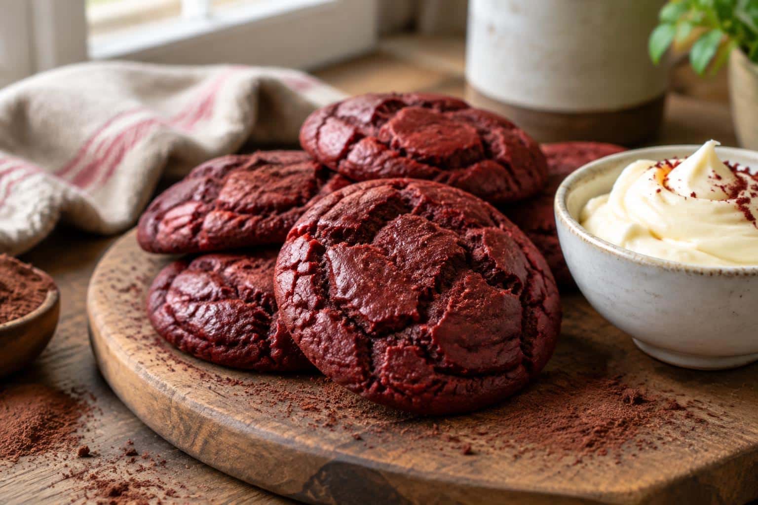 Fudgy red velvet cookies with browned butter resting on wooden board with cream cheese frosting
