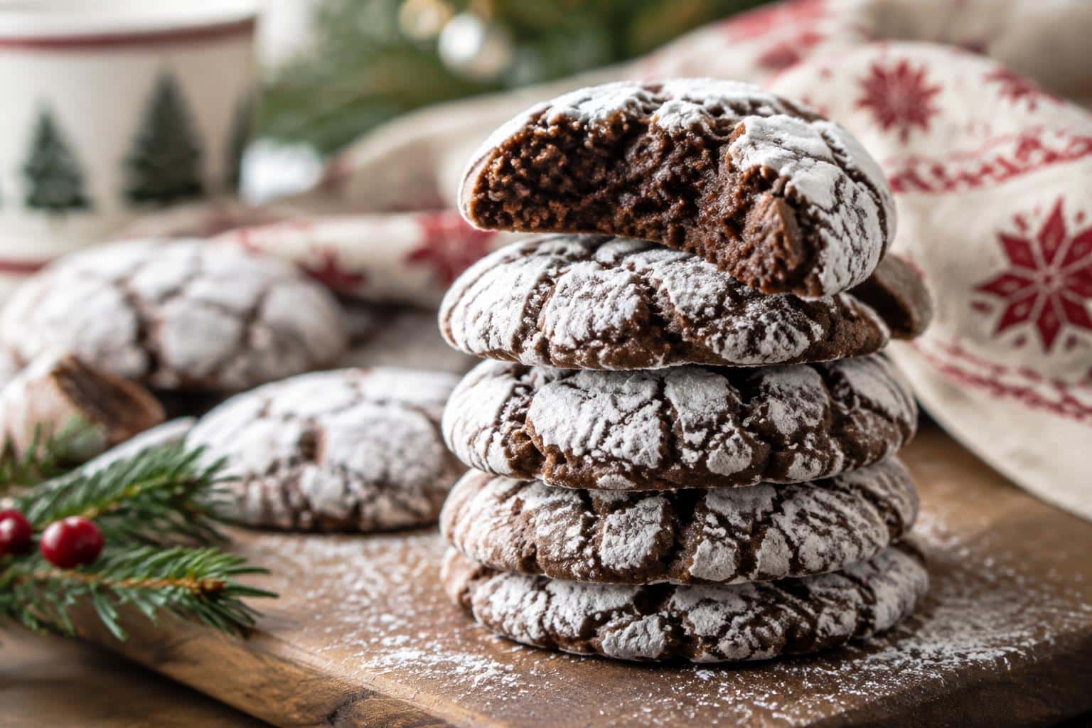 fudgy soft christmas cookies dusted in powdered sugar on rustic wooden board