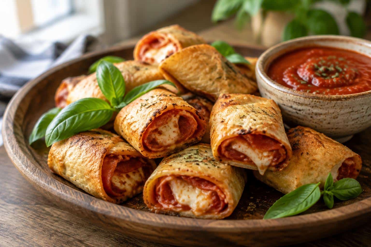 Golden baked tortilla pizza rolls with marinara sauce and basil garnish, showcasing tortilla pizza rolls
