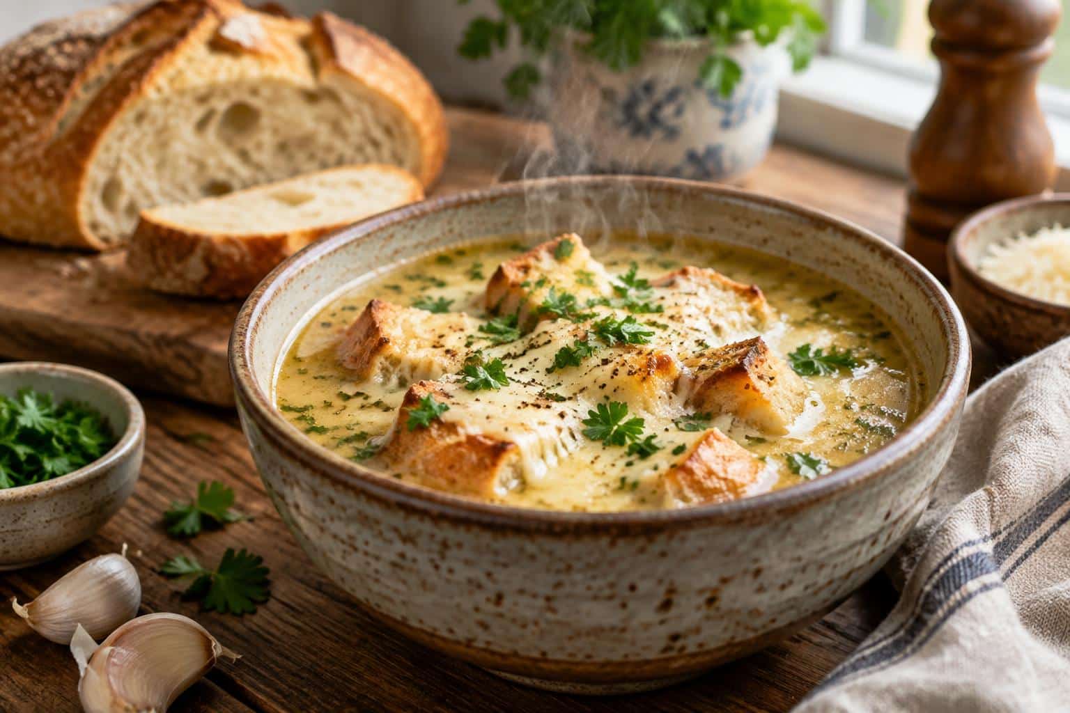 A bowl of garlic bread soup garnished with parsley and melted cheese, showcasing garlic bread soup