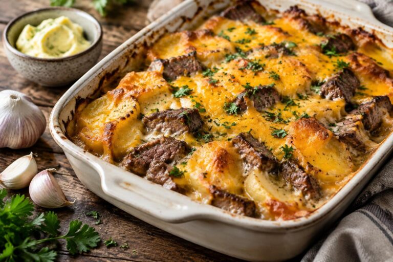 Garlic butter steak and cheddar potato bake with melted cheese and parsley garnish