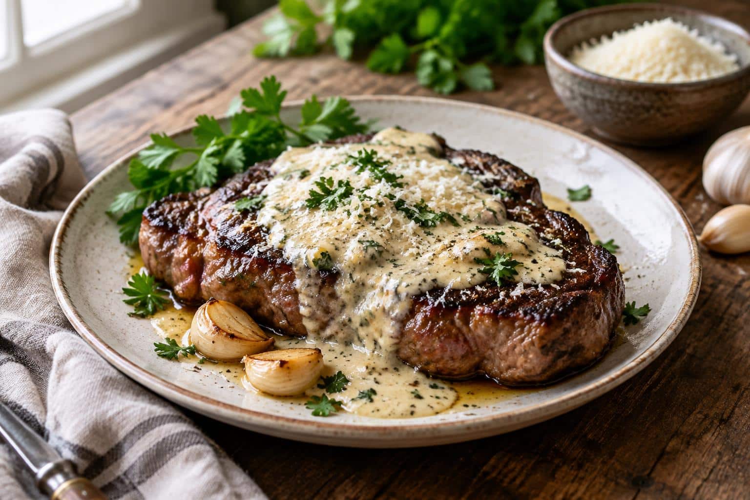 Garlic butter steak with creamy Parmesan sauce garnished with parsley on rustic plate
