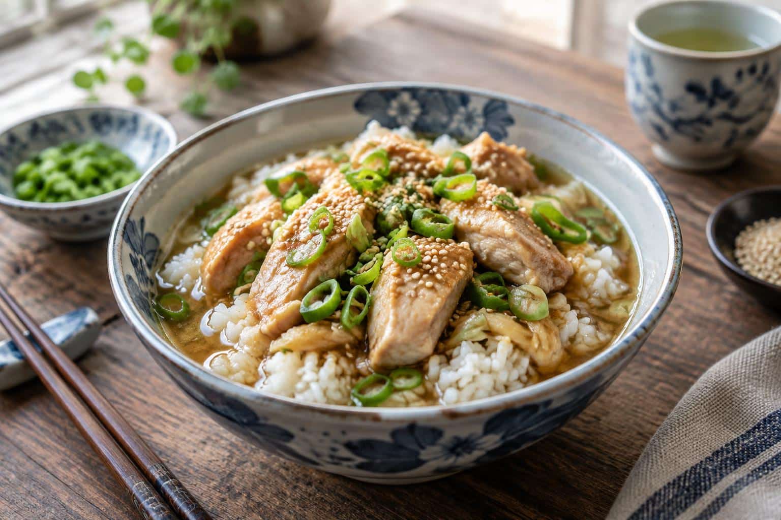 Garlic ginger soy chicken in savory broth served over rice with green onions and sesame seeds