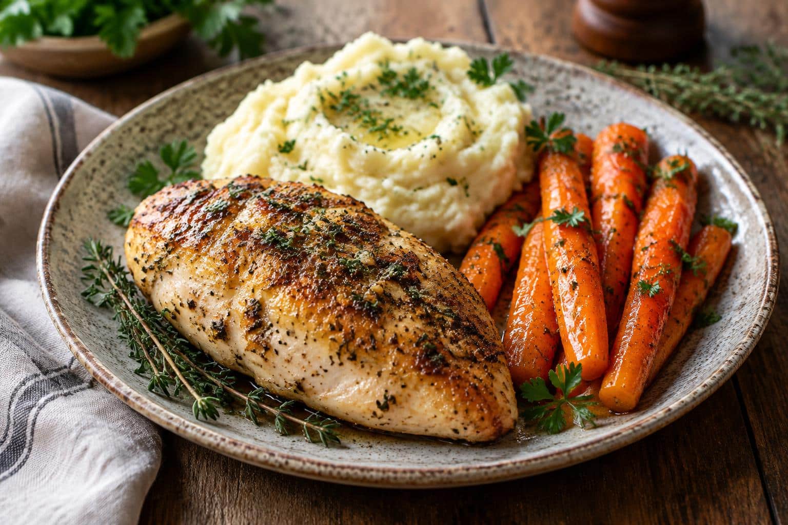 Garlic herb chicken served with mashed potatoes and glazed carrots on a rustic plate