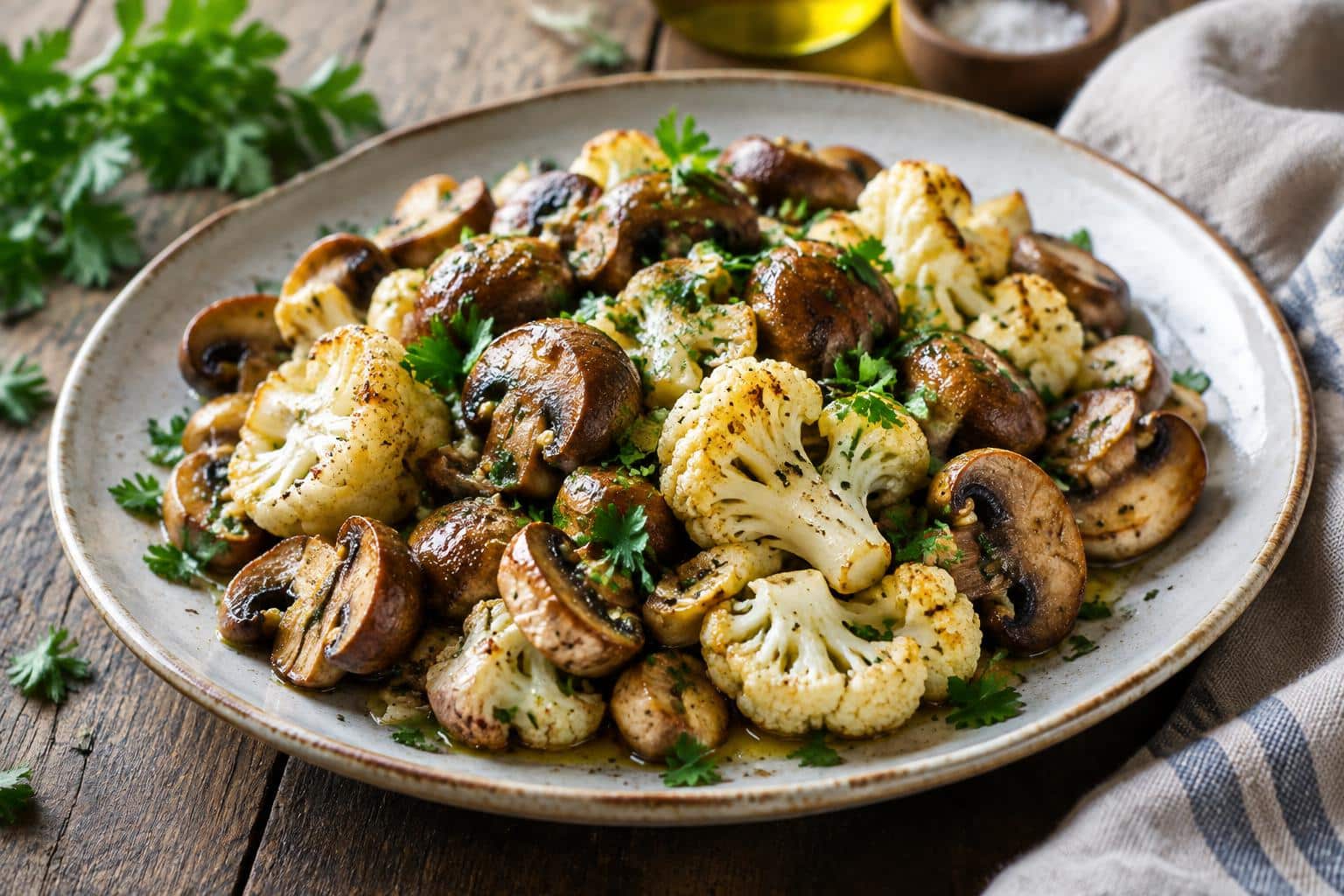 Garlic-infused sautéed mushrooms and cauliflower garnished with fresh parsley on a rustic plate