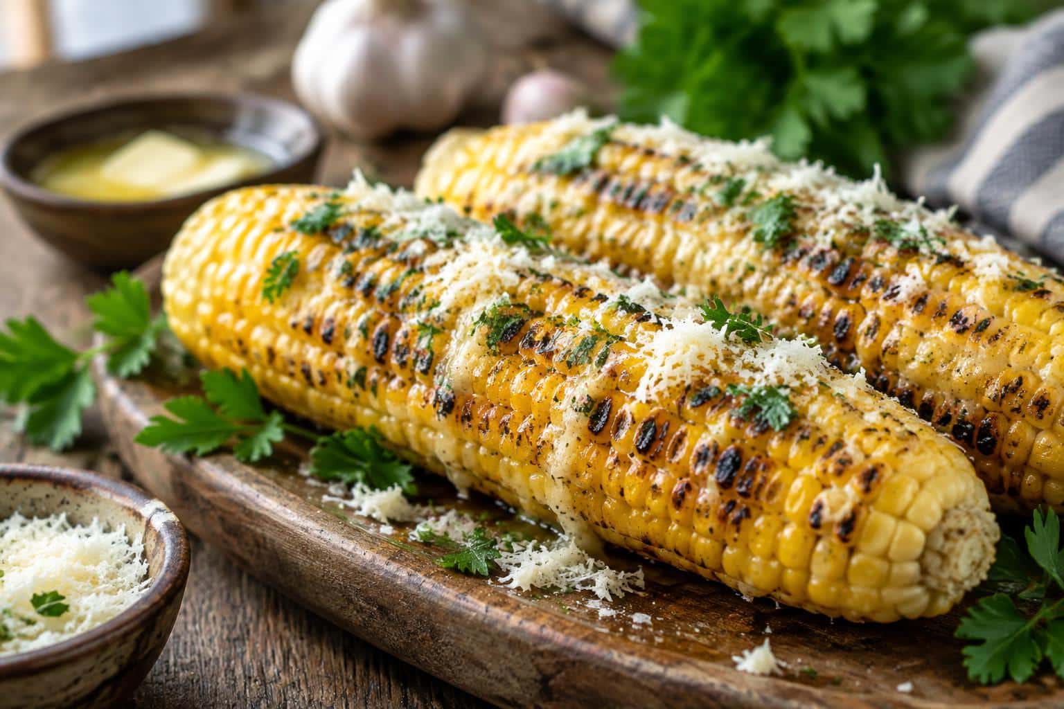 Grilled garlic parmesan corn on the cob garnished with parsley and sprinkled with parmesan cheese