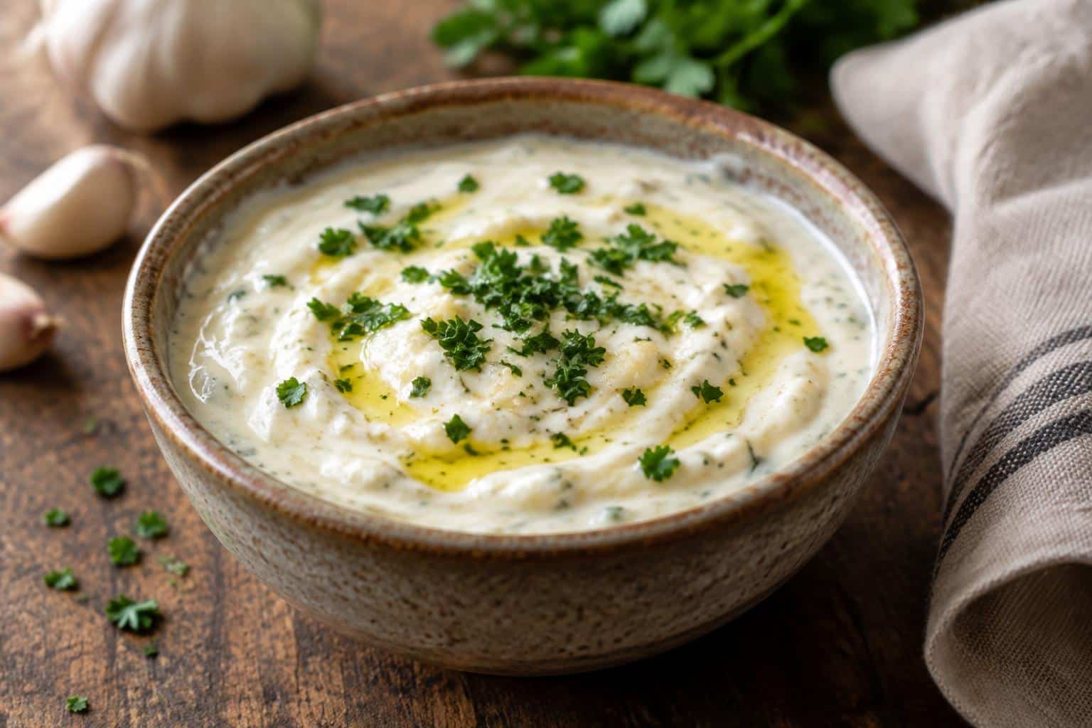 Creamy garlic sauce pizza in rustic bowl garnished with parsley and olive oil