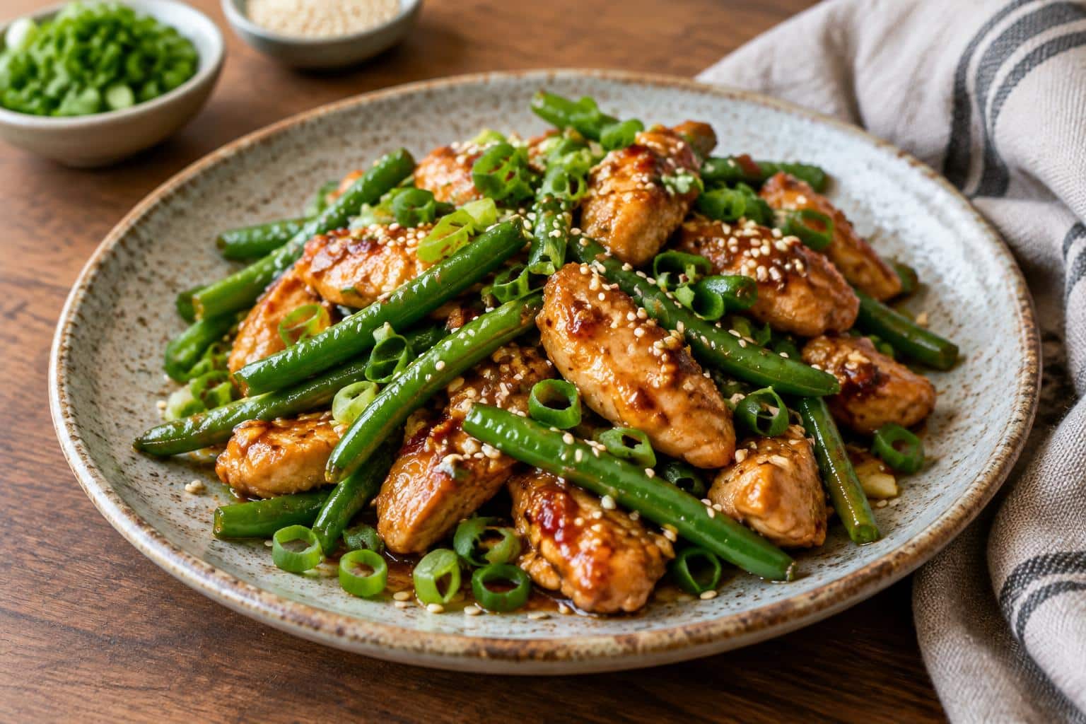 Garlicky sweet Thai chili chicken stir fry with green beans garnished with sesame seeds and green onions