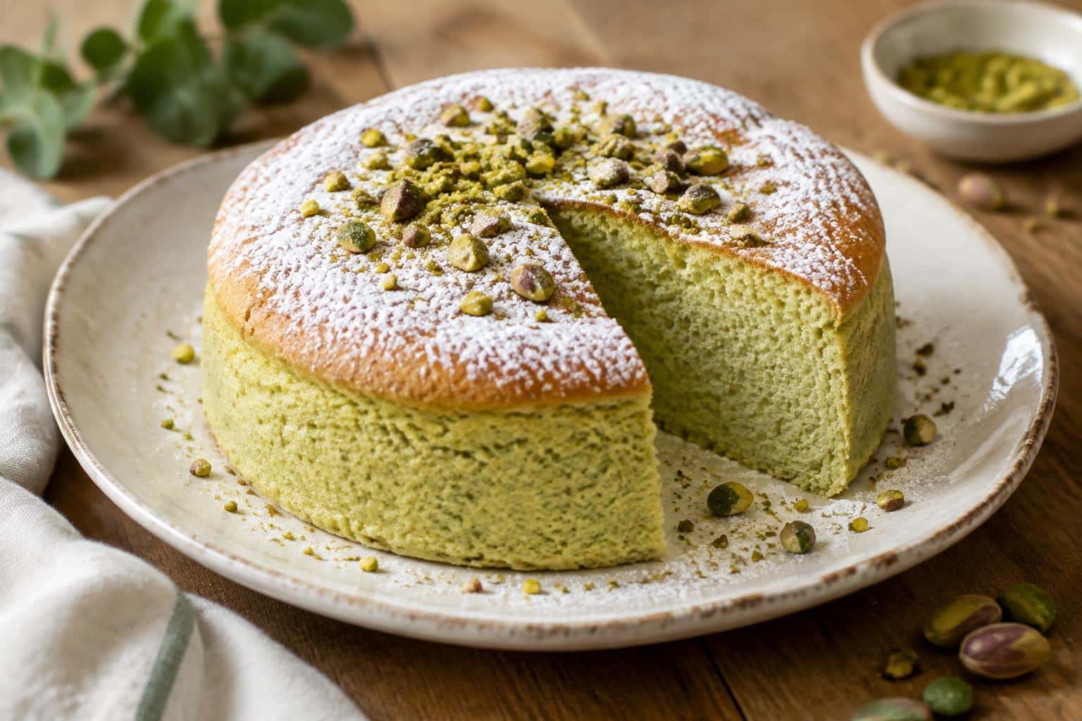 Fluffy gâteau nuage pistache topped with crushed pistachios and powdered sugar