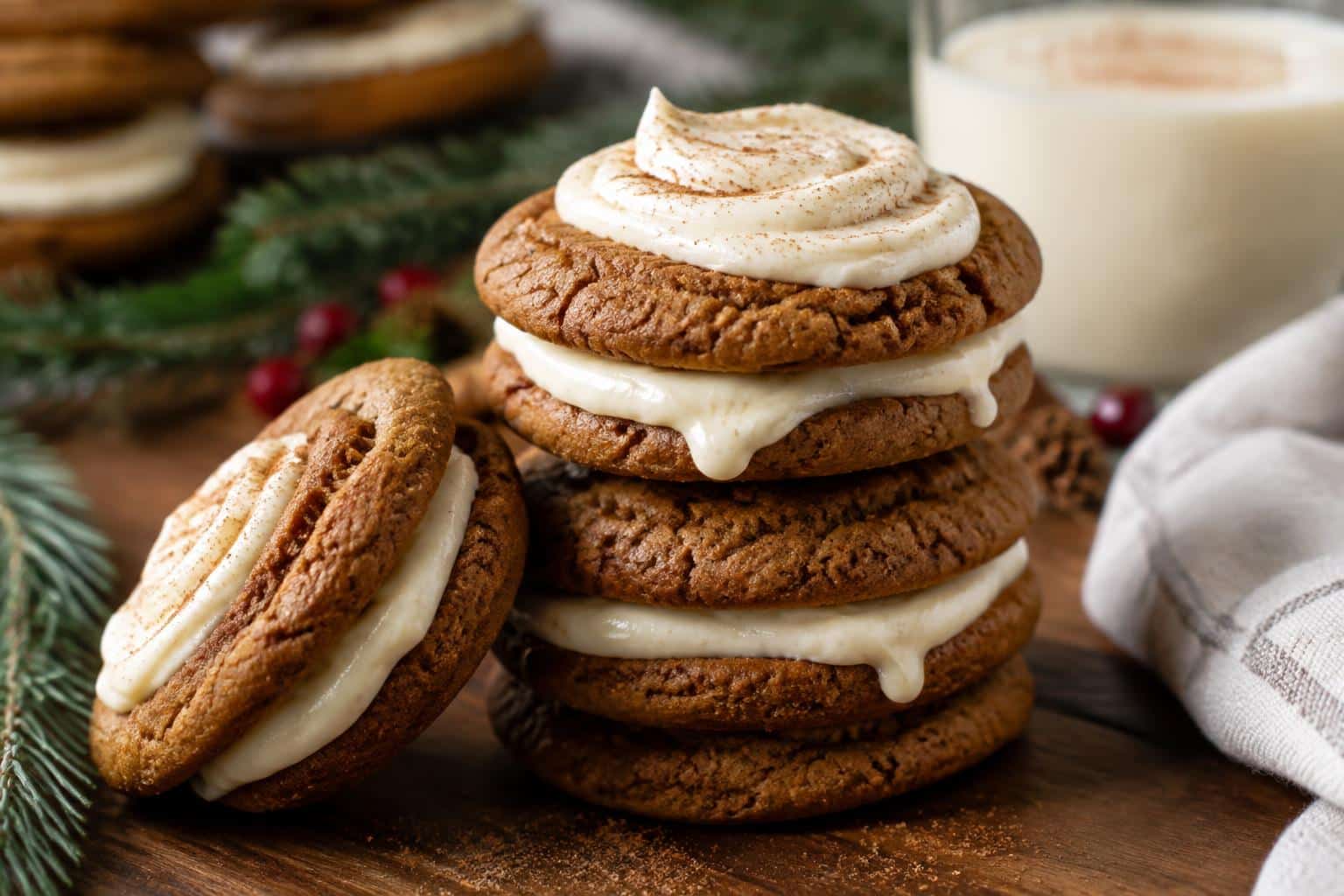 close-up of ginger molasses sandwich cookies with eggnog frosting on rustic wooden surface